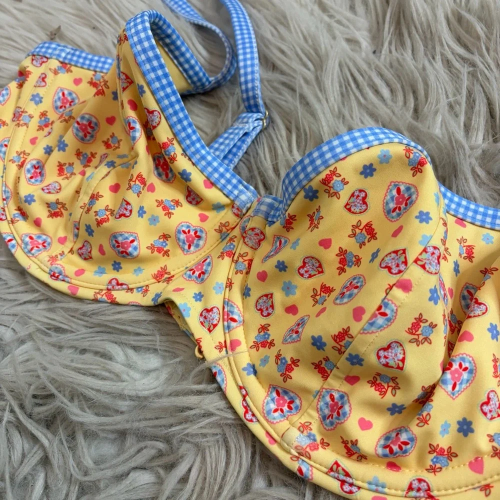Frankie’s Bikinis x VS Pink Heart Charm Yellow Blue Gingham Bikini Top XL